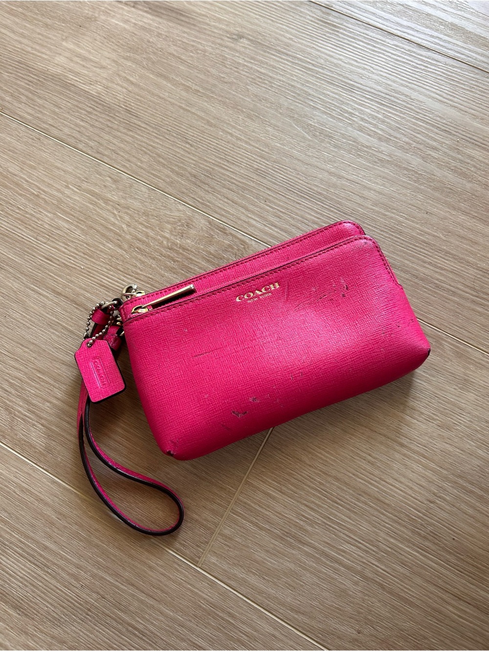 COACH Hot Pink Leather Wristlet Clutch with Gold Hardware